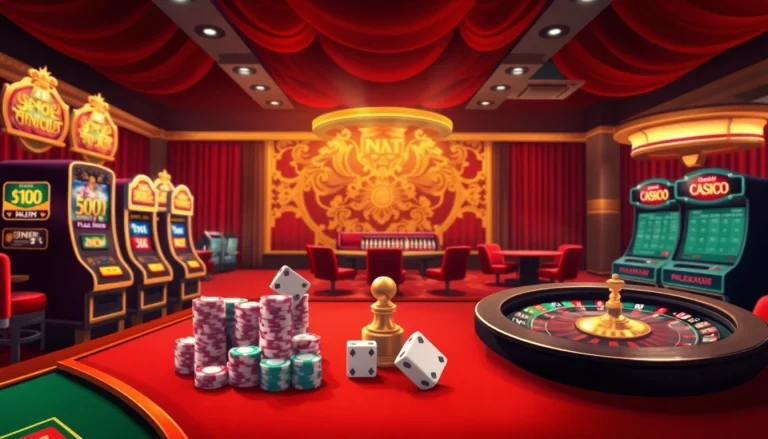Experience a vibrant online casino atmosphere at a nhà cái uy tín, showcasing thrilling gaming elements like slot machines and poker tables.