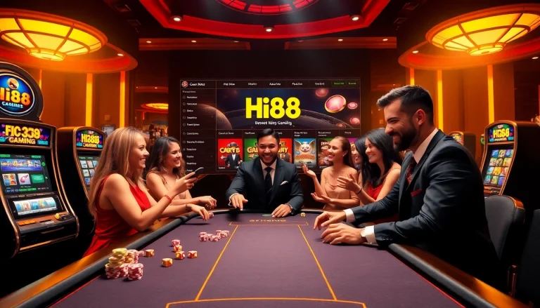 Players enjoying card games at Hi88's online casino, radiating excitement and luxury.