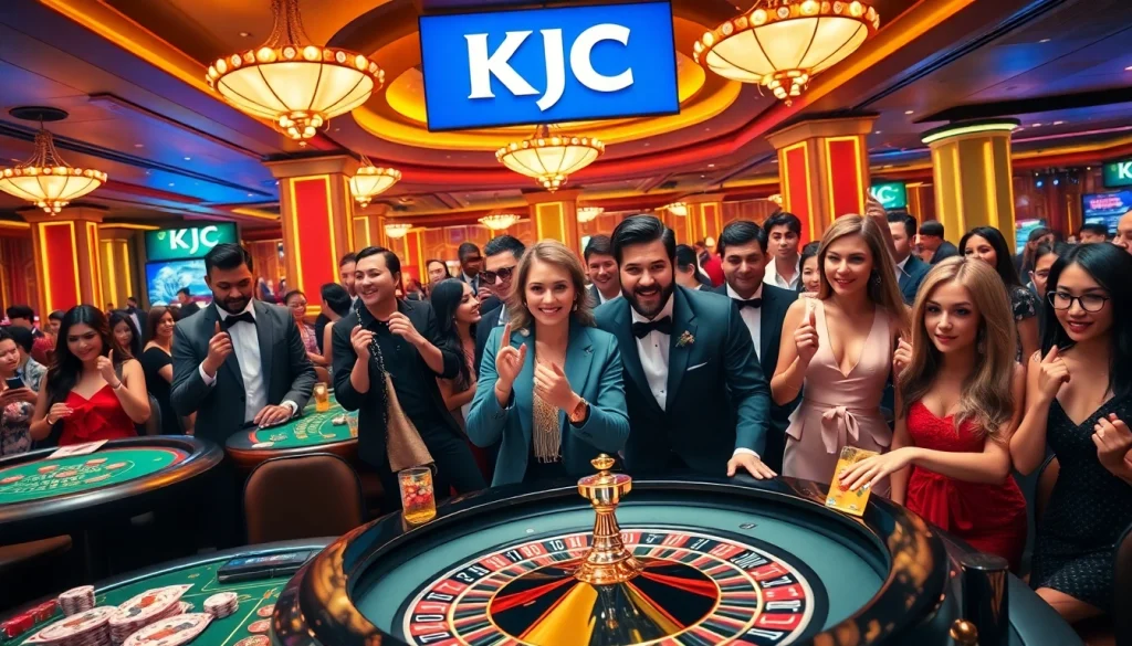 Engaging in exciting gambling at KJC’s luxurious casino, showcasing vibrant tables and diverse players.