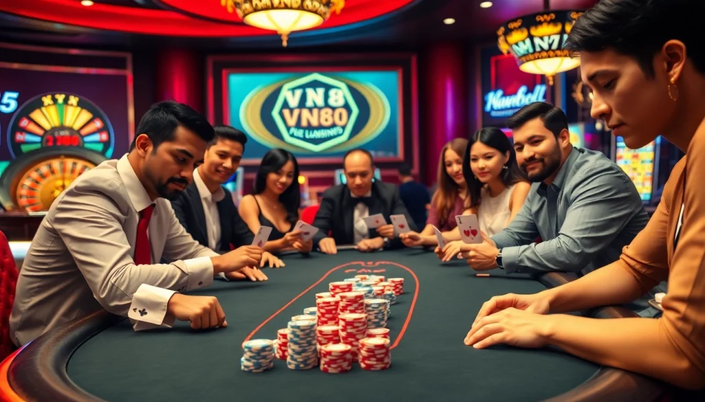 Excited players at a VN88 poker table surrounded by casino elements and rich textures.
