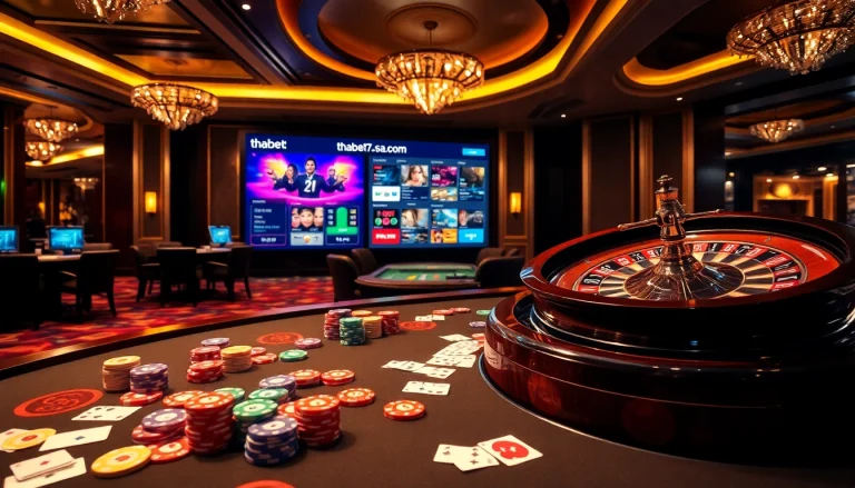 Engage in exciting gambling activities at thabet77.sa.com, surrounded by vibrant casino elements.