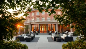 Luxury hotel in Sweden with stunning architecture and serene sunset view.