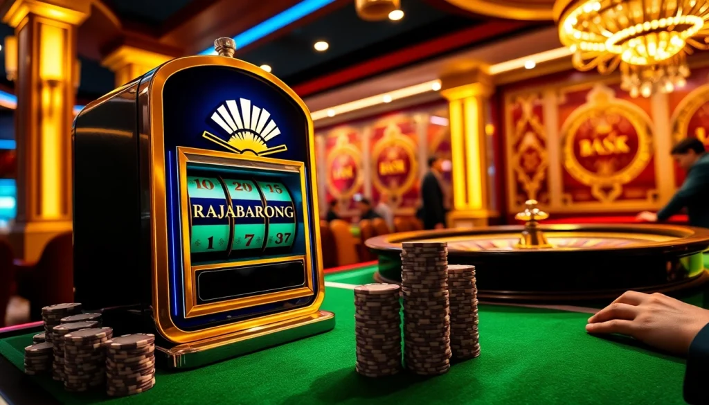 Experience the thrill of gambling at RAJABARONG with a vibrant slot machine and poker chips.