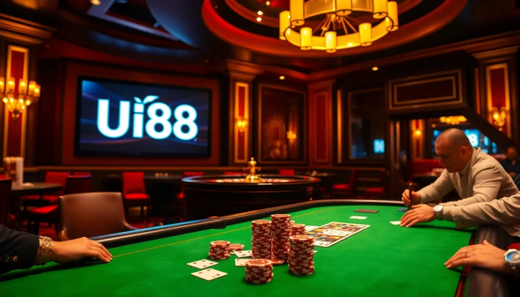 Players enjoy an exciting poker game at UU88 Casino, highlighting thrilling gambling elements.