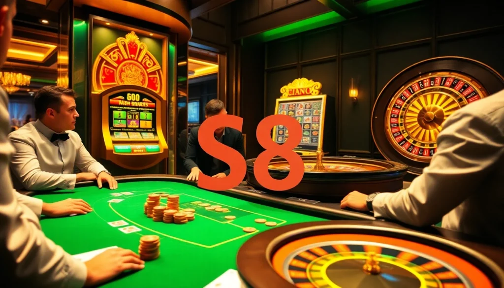 Experience thrilling casino action with S8 poker players strategizing at a luxury table.
