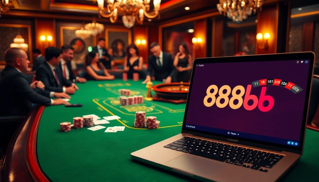 Experience high-stakes poker action at the luxurious 888b casino table featuring professionally arranged chips and cards.