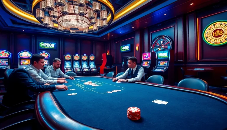 HB88 players enjoying a thrilling poker game at a luxurious casino table with vibrant slot machines.