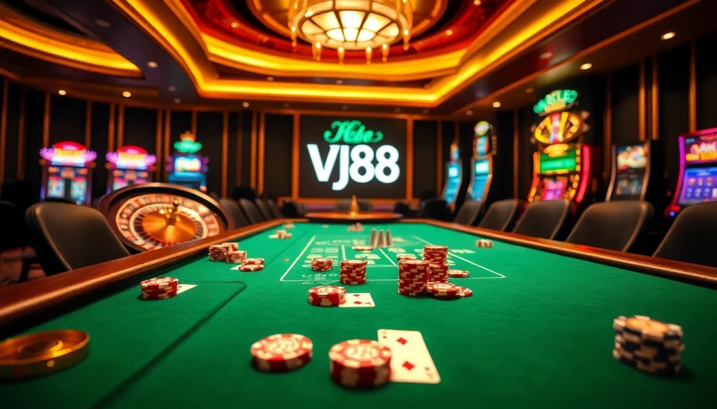 Experience the thrill of VJ88 at a high-stakes poker table surrounded by luxury casino elements.