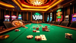 Experience the thrill of VJ88 at a high-stakes poker table surrounded by luxury casino elements.