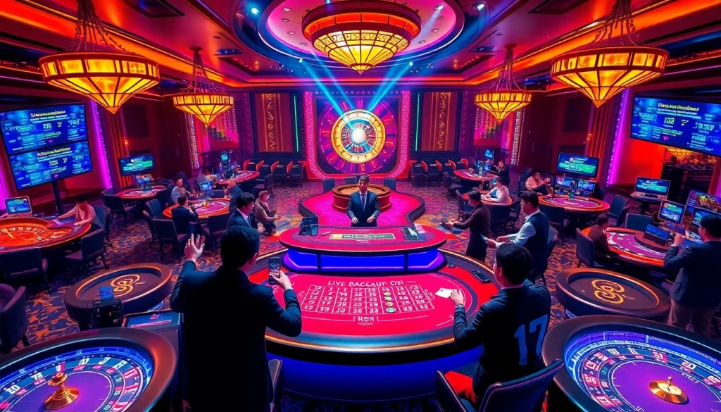 The excitement of gambling at the live baccarat table showcasing okfun xanh chín with vibrant casino elements.