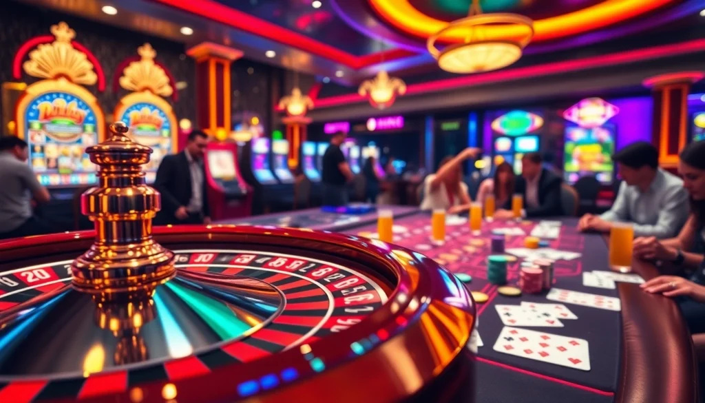 Gamblers engaging at a luxurious casino table on https://kk55.global/ with colorful poker chips and cards.