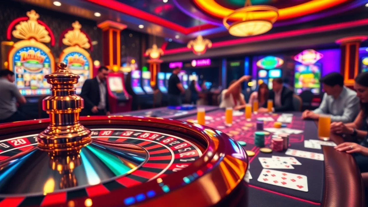 Gamblers engaging at a luxurious casino table on https://kk55.global/ with colorful poker chips and cards.