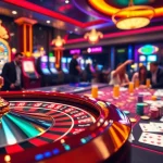 Gamblers engaging at a luxurious casino table on https://kk55.global/ with colorful poker chips and cards.