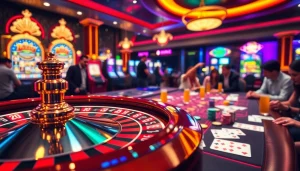 Gamblers engaging at a luxurious casino table on https://kk55.global/ with colorful poker chips and cards.
