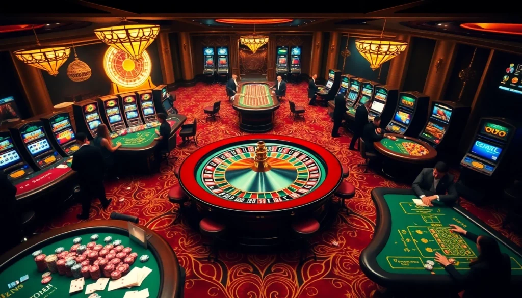 Gamblers winning big at a luxurious 79King casino with vibrant slot machines and roulette.