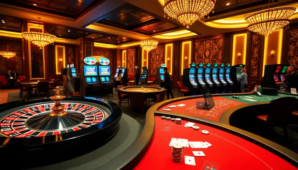 Experience thrilling gaming with fly88 at luxurious casino tables and vibrant roulette wheels.