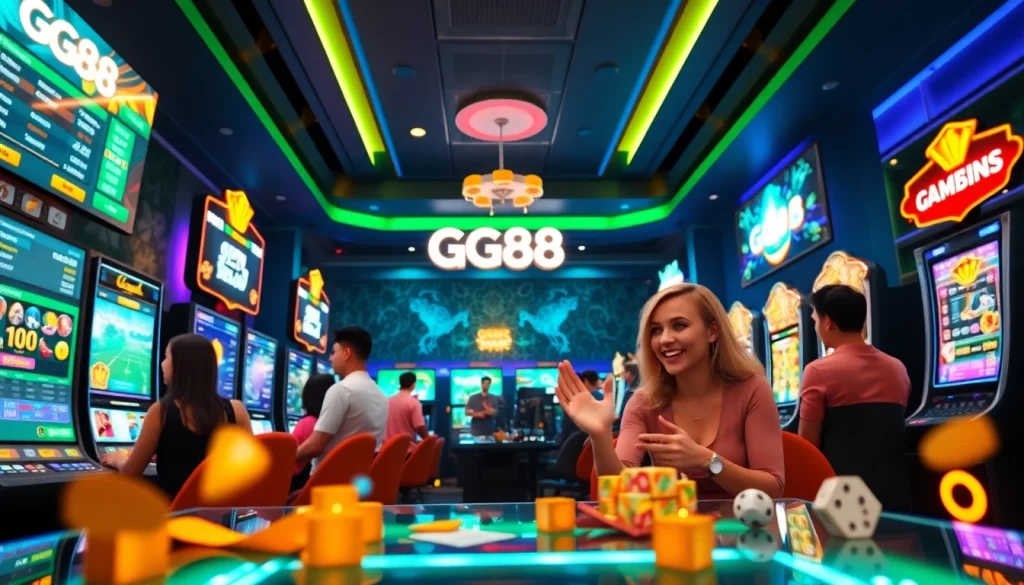 Experience thrilling gaming action at GG88, showcasing vibrant slot machines and player engagement.