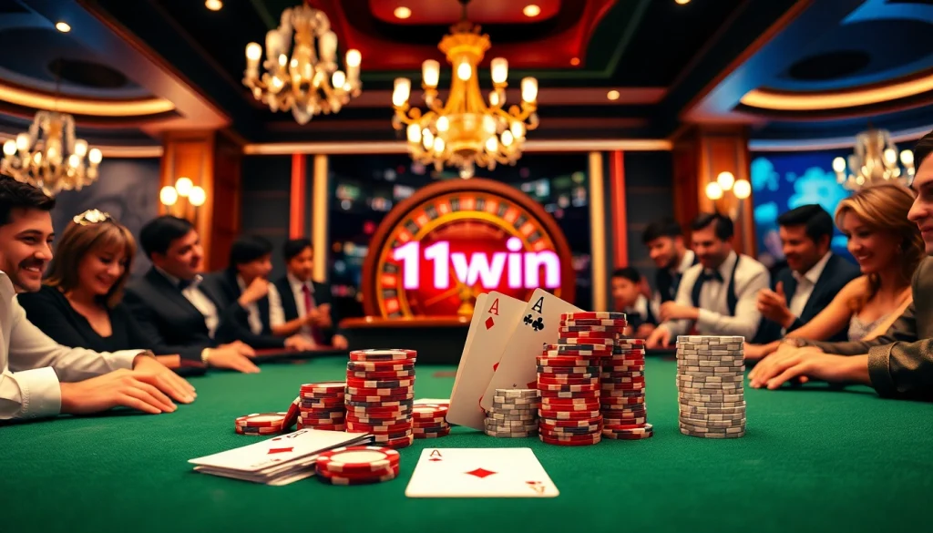 Exciting poker game with chips and cards at 11win casino table.