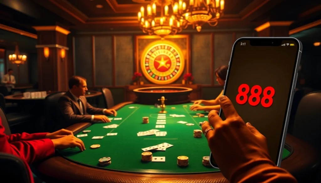 Players at the DA 88 poker table blend excitement with strategy in an elegant casino setting.