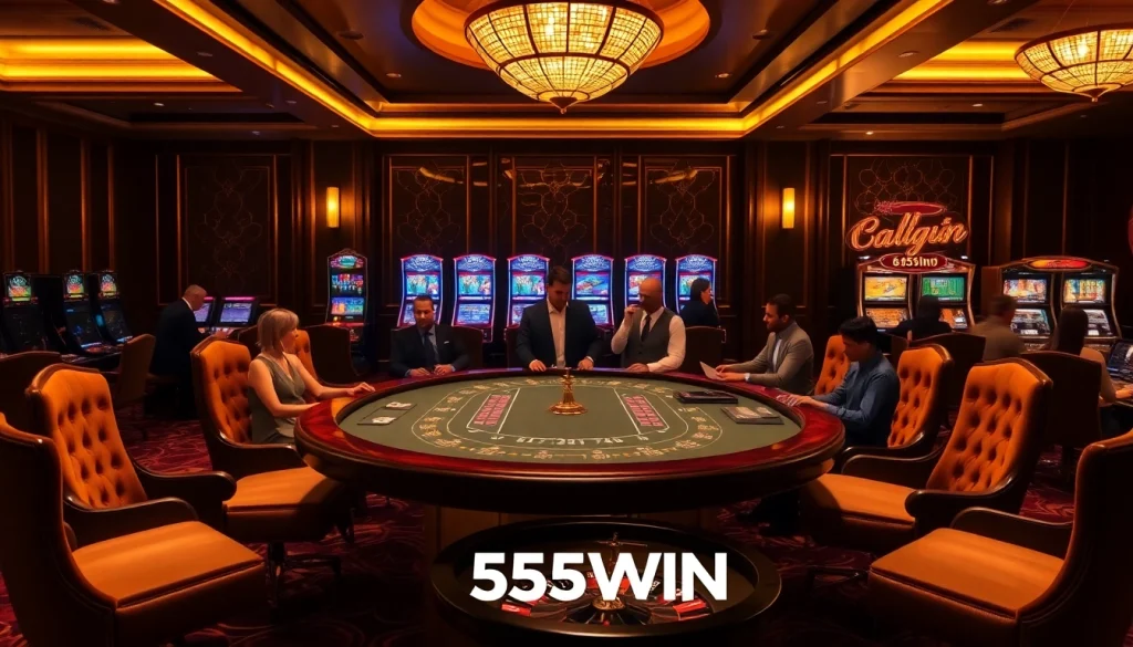 A vibrant casino scene featuring 555WIN gaming tables with excited players placing bets.