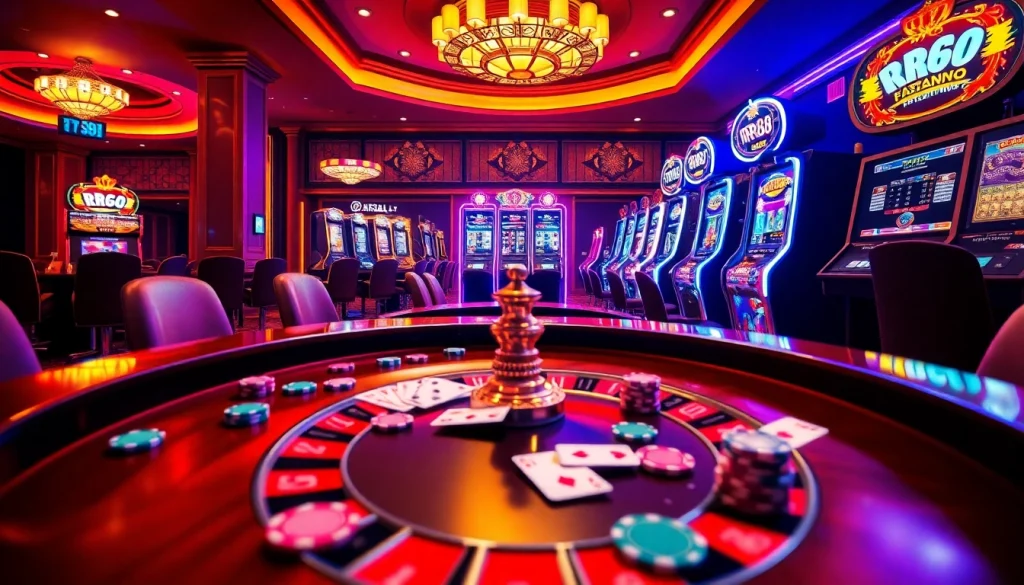 Experience the thrill of ĐĂNG NHẬP RR88 in a luxurious casino environment filled with vibrant gaming elements.