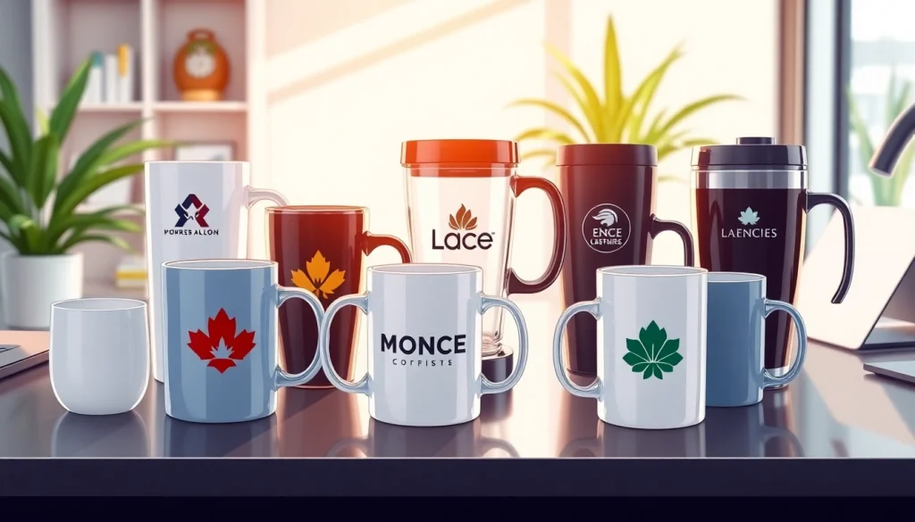 Puodeliai su logotipu (Puodeliai su logotipu) rodomi modernioje darbo erdvėje, demonstruojant dizainų įvairovę.