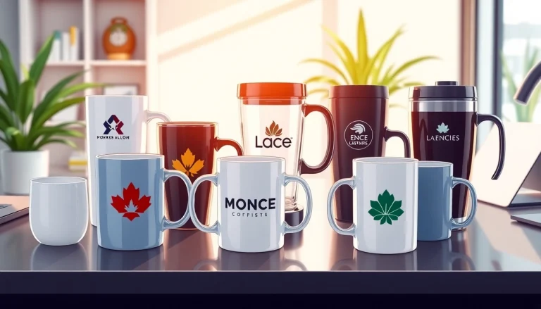 Puodeliai su logotipu (Puodeliai su logotipu) rodomi modernioje darbo erdvėje, demonstruojant dizainų įvairovę.