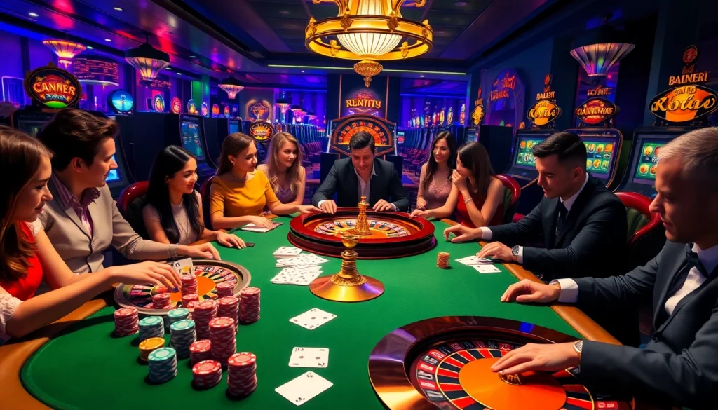A dynamic casino scene highlighting players at the table, showcasing thrill and excitement for https://77ball.org/.