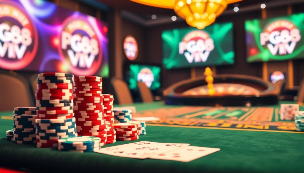 Experience high-stakes play at PG88 VIP Casino with luxurious poker chips and elegant gaming tables.
