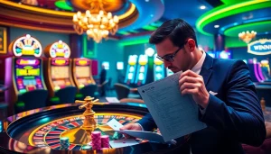 Win55 players enjoying a thrilling casino experience at a roulette table surrounded by vibrant gambling elements.