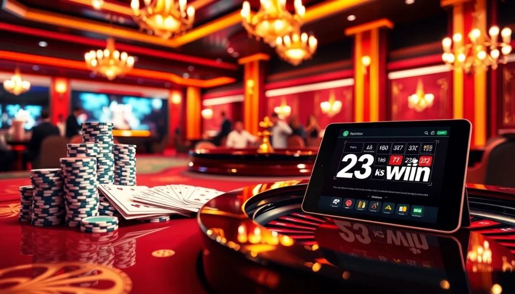 Experience the thrill of Đăng ký 23win at a luxurious casino table filled with poker chips and cards.