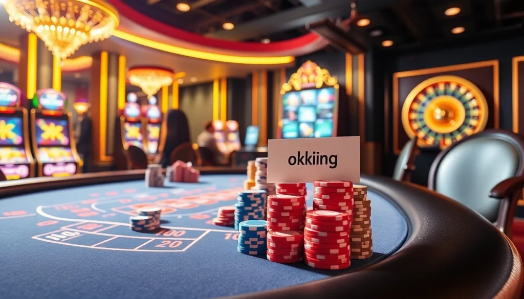 Experience the thrill of gambling at okking-inspired casino tables with vibrant poker chips and slot machines.