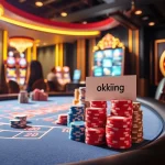 Experience the thrill of gambling at okking-inspired casino tables with vibrant poker chips and slot machines.