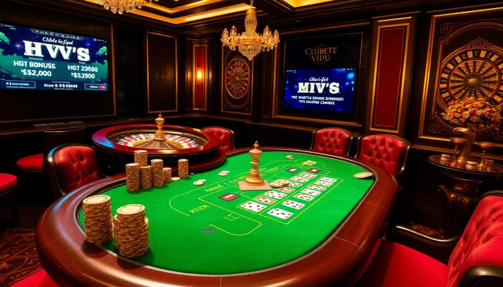 Experience the exclusive benefits of Clube VIP HHBET with vibrant casino action, showcasing elite gamblers at a luxurious poker table.