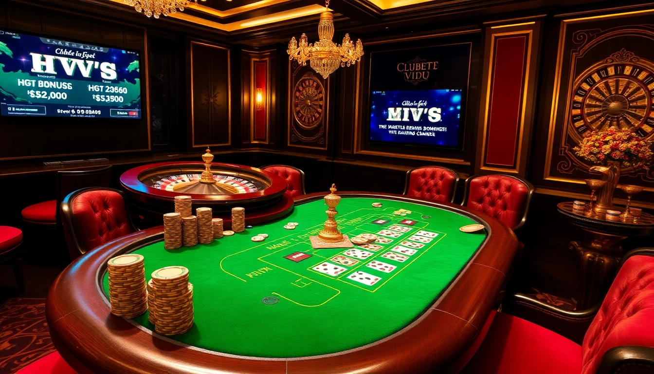 Experience the exclusive benefits of Clube VIP HHBET with vibrant casino action, showcasing elite gamblers at a luxurious poker table.