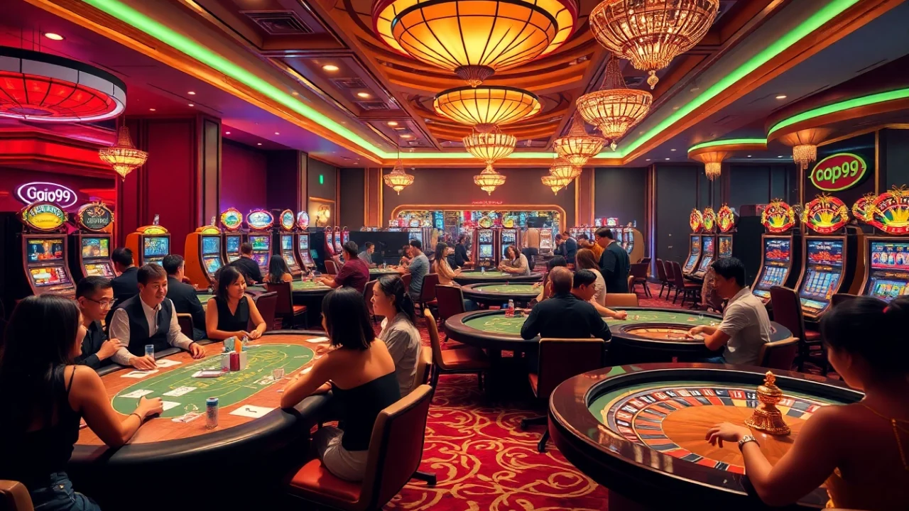 Go99 casino excitement with players enjoying poker and roulette in a vibrant, luxurious setting.