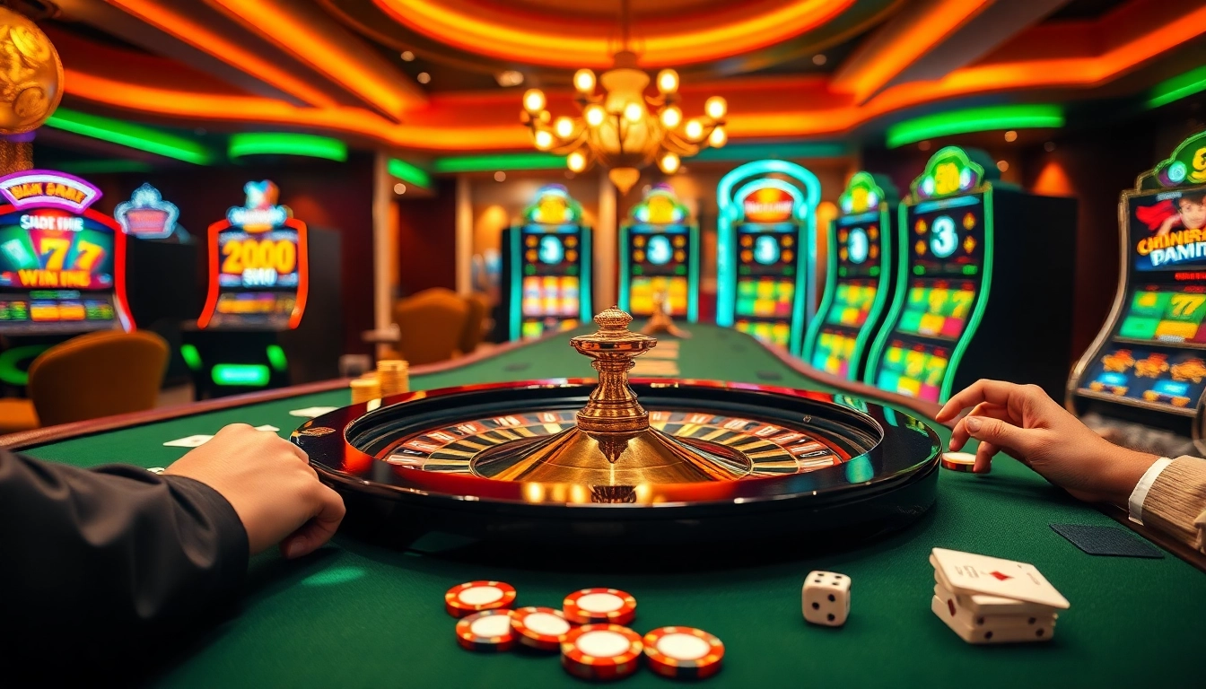 Exciting players at the Big88 casino roulette table amidst glowing slot machines and vibrant chips.
