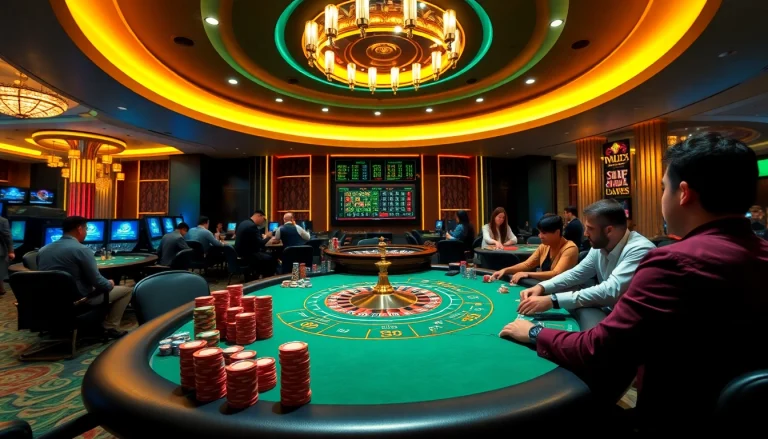 Players enjoying high-stakes poker at KJC's luxurious casino, featuring vibrant gaming elements.