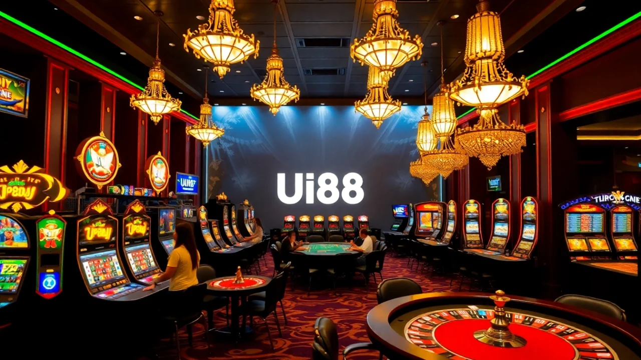 UU88 players enjoying exciting games at a luxurious casino with vibrant decor