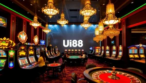 UU88 players enjoying exciting games at a luxurious casino with vibrant decor