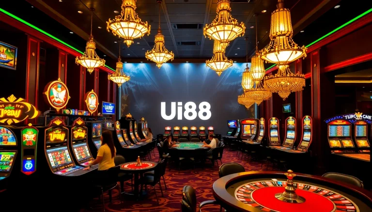 UU88 players enjoying exciting games at a luxurious casino with vibrant decor