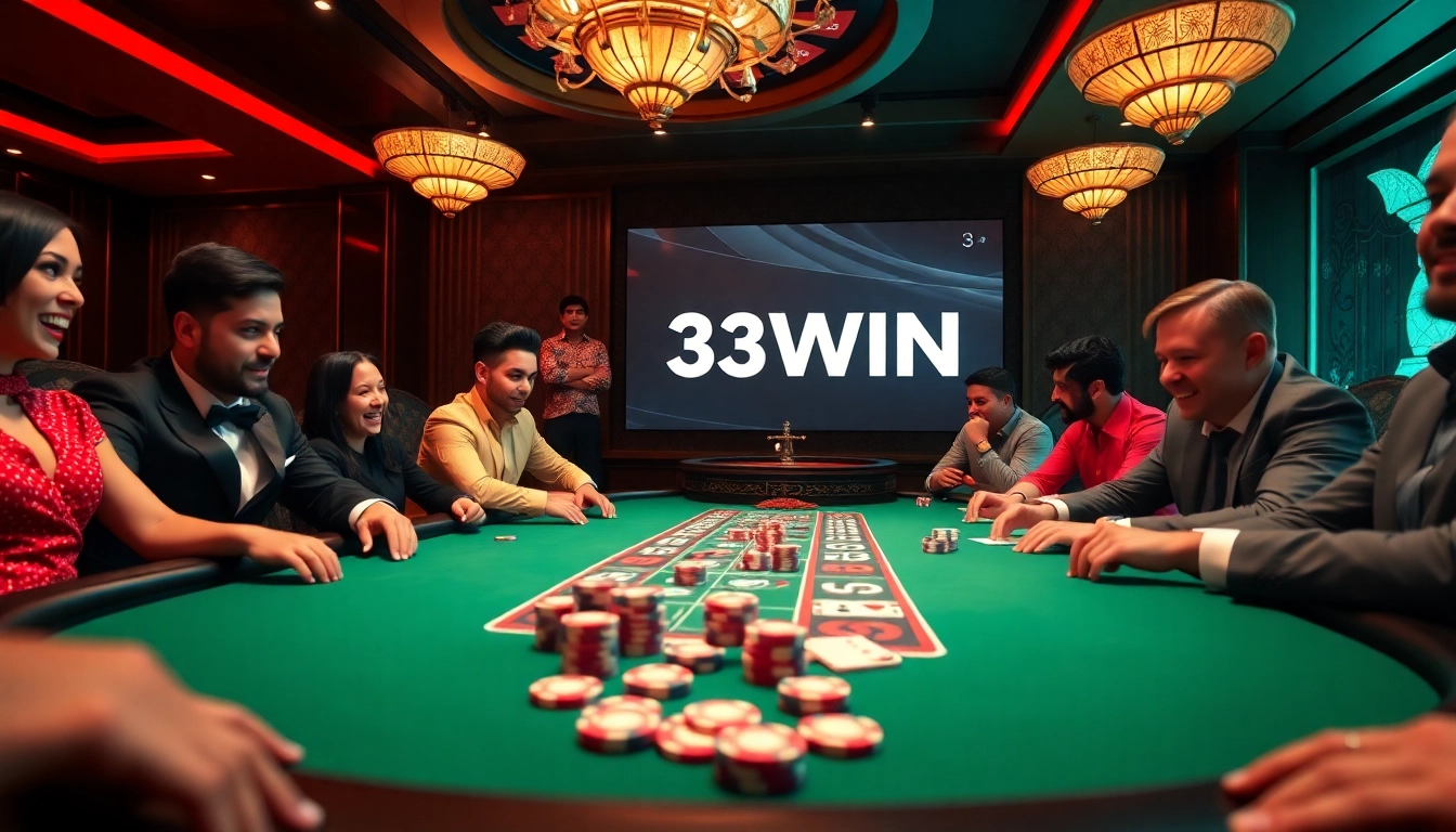 Engage with high-stakes gaming at 33WIN, showcasing poker chips and intense players.