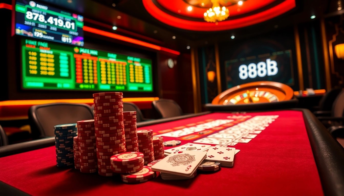 Exciting poker scene featuring 888b chips and glamorous casino decor.