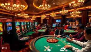 Players enjoying a thrilling game experience at 23win's luxurious casino with vibrant slot machines.