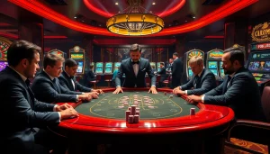 Thu hút người chơi poker tại bàn casino sang trọng, thể hiện các chủ đề phấn khích và chiến lược của https://luck8.com.