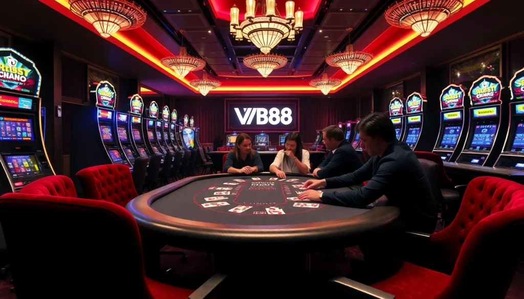 Experience the excitement at the VB88 gaming table surrounded by vibrant casino elements.