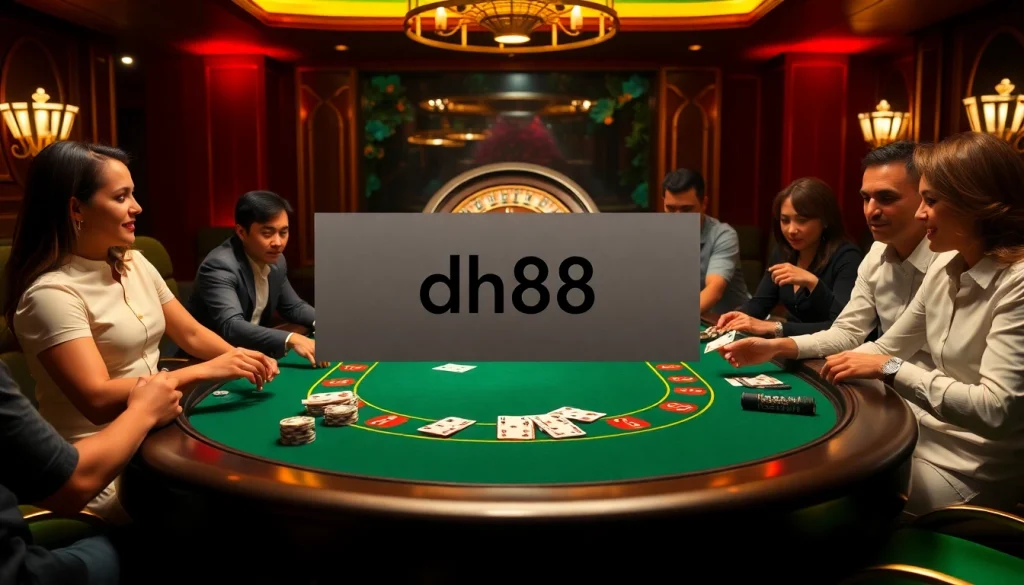 Gamblers enjoying a thrilling poker game at a luxurious casino table showcasing dh88 promotions.