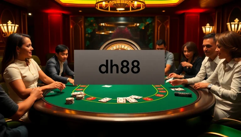 Gamblers enjoying a thrilling poker game at a luxurious casino table showcasing dh88 promotions.