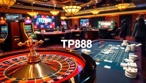 Engaging scene at an online casino featuring TP88, showcasing roulette, poker, and slot machines.