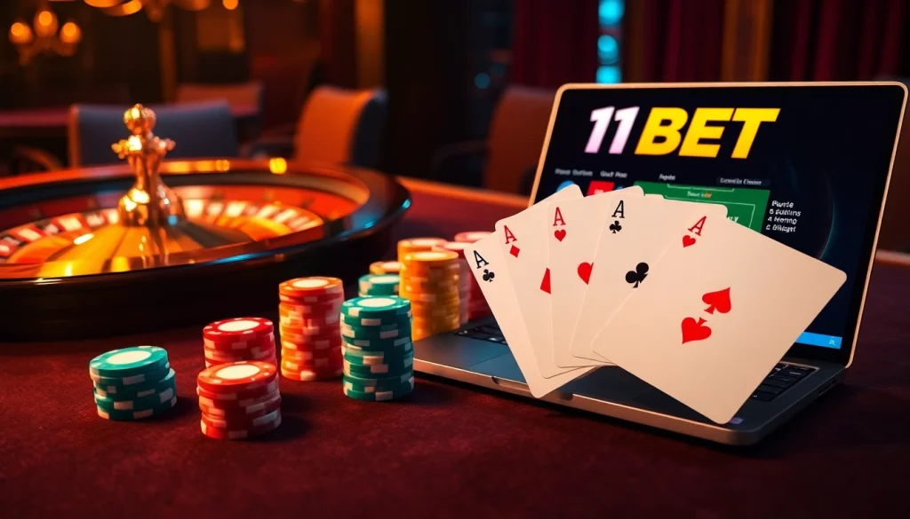 Experience the thrilling atmosphere of 11BET with exclusive casino tables and vibrant chips.
